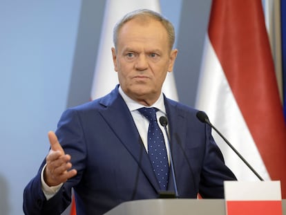 Poland's Prime Minister Donald Tusk attends a press conference, following a meeting with Latvia's Prime Minister Evika Silina (not pictured), in Warsaw, Poland, February 29, 2024.