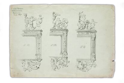 Tres dels dibuixos de la façana realitzats per Francesc Soler i Rovirosa el 1857, en els quals es pot veure la riquesa de la decoració renaixentista.