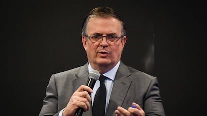 Marcelo Ebrard durante su participación en la Reunión Nacional de Consejeros Regionales de BBVA, en Ciudad de México, el 27 de mayo.