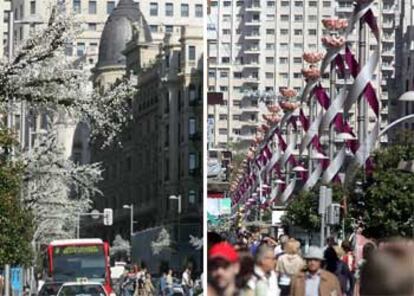 A la izquierda, árboles sintéticos y primaverales en la Gran Vía. A la derecha, otro de los motivos que decoran la misma calle.