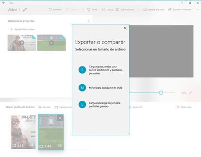 Ahora, tras haber borrado cualquier rastro de edición multimedia, es el momento de exportar el vídeo creado de los dos que hemos añadido. para ello debemos pulsar sobre "Exportar o Compartir" en la parte superior derecha de la pantalla. El resultado será la unión de ambos vídeos en uno solo. Un proceso sencillo en el que sólo utilizamos una app nativa de Windows 10.