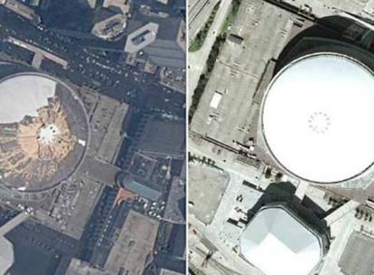 Las dos imágenes son de Google, de la zona del estadio conocido como Superdome, en Nueva Orleans (EE UU). La de la izquierda es inmediatamente posterior al 29 de agosto de 2005. Sin embargo, la de la derecha está capturada a la hora de elaborar esta información, en el servicio de mapas, pese a que es anterior al huracán Katrina.