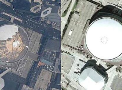 Las dos imágenes son de Google, de la zona del estadio conocido como Superdome, en Nueva Orleans (EE UU). La de la izquierda es inmediatamente posterior al 29 de agosto de 2005. Sin embargo, la de la derecha está capturada a la hora de elaborar esta información, en el servicio de mapas, pese a que es anterior al huracán Katrina.