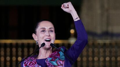 Claudia Sheinbaum, gestures while addressing her supporters after winning the presidential election, at Zocalo Square in Mexico City, Mexico June 3, 2024.