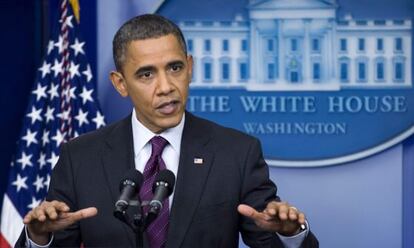 Obama, durante su comparecencia ante la prensa esta tarde en Washington.