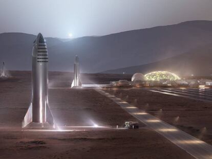Diseño de la nave interplanetaria de SpaceX, de Elon Musk, en Marte.