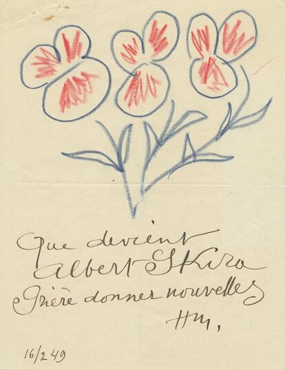 Carta que el artista francés Henri Matisse mandó en 1949 al editor sueco Albert Skira con un simple recado: "Qué pasa con Albert Skira / por favor manda noticias". El resto de la página lo dedicó a un dibujo a lápiz