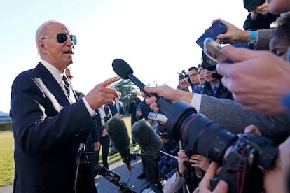 President Joe Biden talks with reporters on the South Lawn of the White House in Washington, Monday, Jan. 30, 2023.