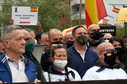 El líder de Vox, Santiago Abascal, este sábado durante el acto convocado por Vox en homenaje a las víctimas del etarra Henri Parot en Arrasate-Mondragón.