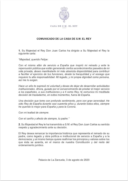 Nota de Zarzuela sobre la salida del Rey emérito