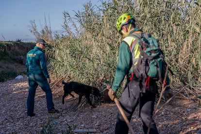 Agentes de la Guardia Civil buscan a uno de los tres desaparecidos por la dana en el barranco del Poyo, a la altura del polígono de Loriguilla en el término de Quart de Poblet (Valencia), este viernes.