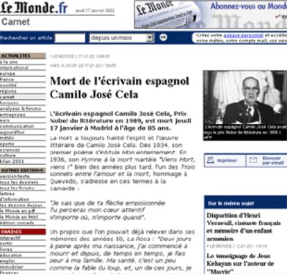 La <i>web</i> del diario francés <i>Le Monde</i> recoge así la muerte del premio Nobel.