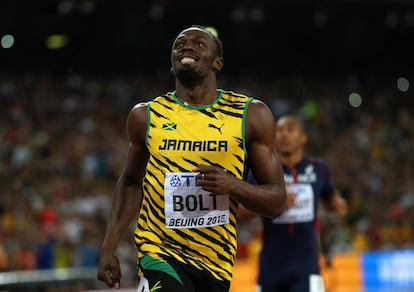 Bolt celebra la victòria.