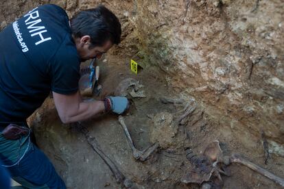 Un voluntario de la Asociación para la Recuperación de la Memoria Histórica trabaja en la exhumación de restos en el cementerio civil de Guadalajara.