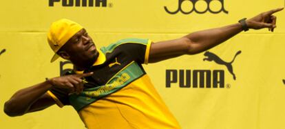 Usain Bolt, tras su conferencia  de prensa de ayer en Daegu.