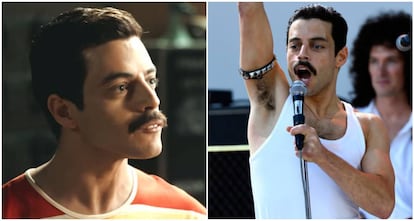 "No es por tirarme flores, pero me quedaba muy bien vestir como Mercury. Me divertí mucho llevando esas prendas", asegura a ICON el actor. En la imagen, dos fotos de Rami Malek caracterizado como el líder de Queen.