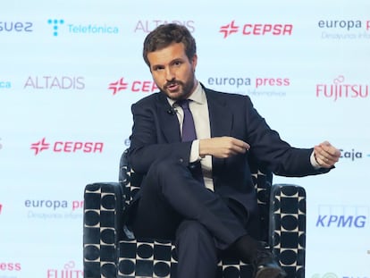 El presidente del Partido Popular, Pablo Casado, en un Desayuno Informativo de Europa Press, este martes en Madrid.