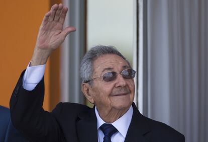Cuban President Raul Castro waves goodbye towards the plane carrying Russian Orthodox Patriarch Kirril on Sunday.