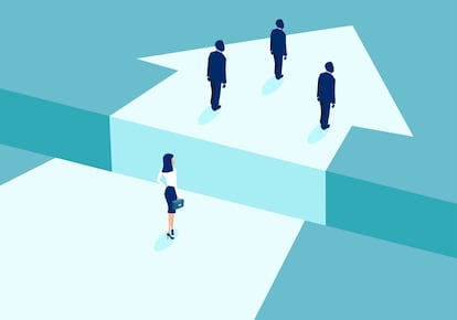 Vector of a businesswoman lagging behind businessmen and divided by gap.