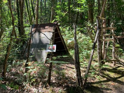 A reconstructed French Resistance camp with a prisoner holding area in the Maquis de Durestal forest, near Cendrieux (southwestern France).