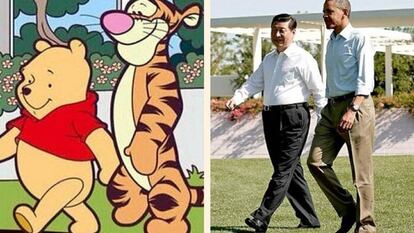 A la izquierda, Winnie the Pooh y Tigger. A la derecha, el presidente chino, Xi Jinping, junto con Barack Obama, en 2013.