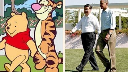 A la izquierda, Winnie the Pooh y Tigger. A la derecha, el presidente chino, Xi Jinping, junto con Barack Obama, en 2013. 