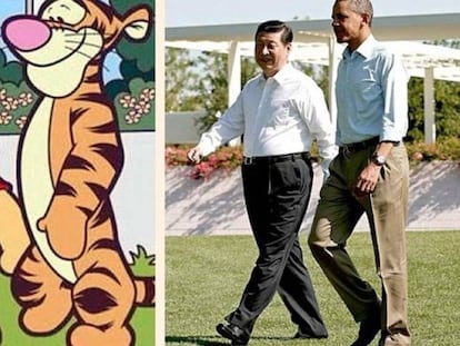 A la izquierda, Winnie the Pooh y Tigger. A la derecha, el presidente chino, Xi Jinping, junto con Barack Obama, en 2013. 