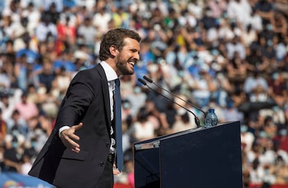 El presidente del PP, Pablo Casado, durante la Convención Nacional del PP, en la Plaza de Toros de Valencia, el pasado sábado.