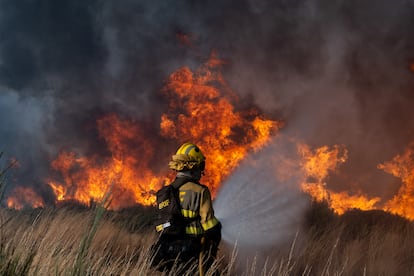 Un efectivo de la 'Brigada Hormiga' lucha contra el fuego en Pentes, Ourense, este miércoles.