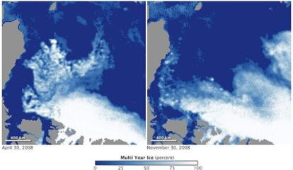 Mapas del océano Ártico cubierto de hielo el 30 de abril de 2008 (izquierda) y el 30 de noviembre del mismo año