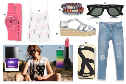 40. Swatch Reloj rosa. 41. Moshino Cheap & Chic Top con estampado de flamencos. 42. Missoni + V&A Conjunto de tres pulseras. 43. Ray-Ban Gafas de sol con montura forrada de piel. 44. Kling Cangrejera de piel metalizada con plataforma de esparto. 45. Zara Pantalón vaquero. 46. Butter LONDON Laca de uñas metalizada 'Lolly Brights'. 47. Bershka. 48. Proenza Schouler for M·A·C Barra de labios. 49. Moschino Funda metalizada con signo de la paz para iPhone 5.