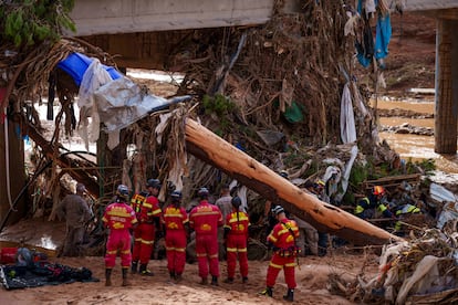 Personal de emergencias trabajan en la limpieza de los caudales en Valencia, este sábado. 