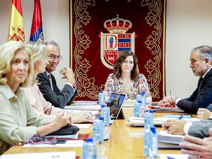 La presidenta de la Comunidad de Madrid, Isabel Díaz Ayuso, preside la reunión del consejo de Gobierno, este miércoles, en Móstoles.