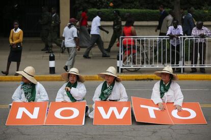 Activistas y agricultores de distintos pa&iacute;ses de Asia y &Aacute;frica participan en una manifestaci&oacute;n para pedir la protecci&oacute;n de los agricultores en los pa&iacute;ses en v&iacute;as de desarrollo a la OMC en Nairobi (Kenia).