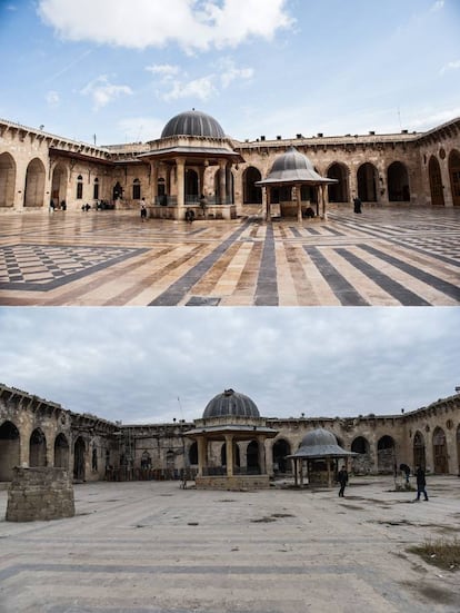 Las dos fuentes del patio interior de la Gran Mezquita Omeya de Alepo, del siglo XII, tras cuatro años de combates. En la parte superior, foto tomada en 2010; en la inferior foto tomada en 2017.