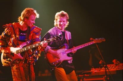 Sting and Andy Summers in December of 1983, on the tour for the album 'Synchronicity,' at Wembley Arena, in London