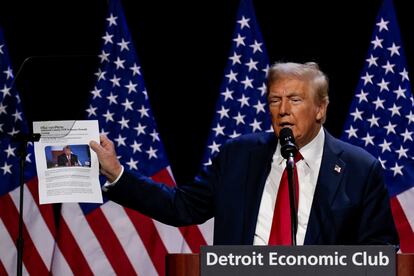 Donald Trump, el pasado jueves durante el discurso en el Club Económico de Detroit en el que arremetió contra la ciudad.