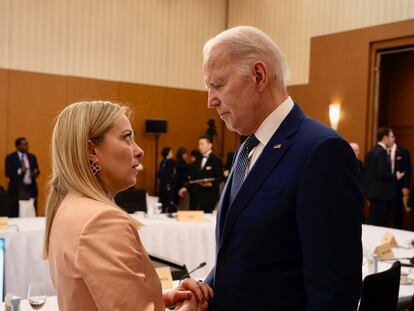 Giorgia Meloni, primera ministra de Italia, con Joe Biden, presidente de EEUU, el pasado 20 de mayo en Hiroshima.