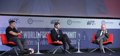 Ronaldo, Carlos Suárez y Julio Senn, en la presentacion del proyecto del Valladolid, en el World Football Summit.
