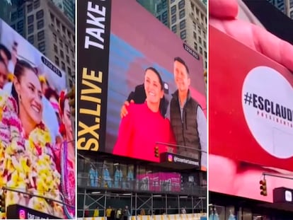 Imágenes de Claudia Sheinbaum proyectadas en una pantalla de Times Square, en Nueva York.