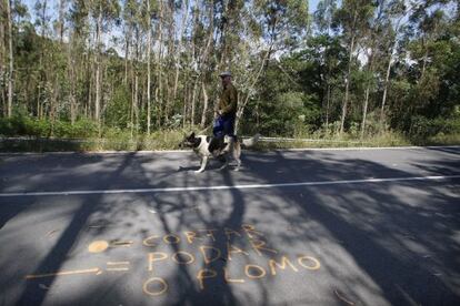 Se&ntilde;alizaciones pintadas en rojo al pie de una carretera en Cerdedo.