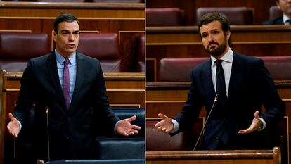 Pedro Sánchez (l) and Pablo Casado in Congress on April 29.