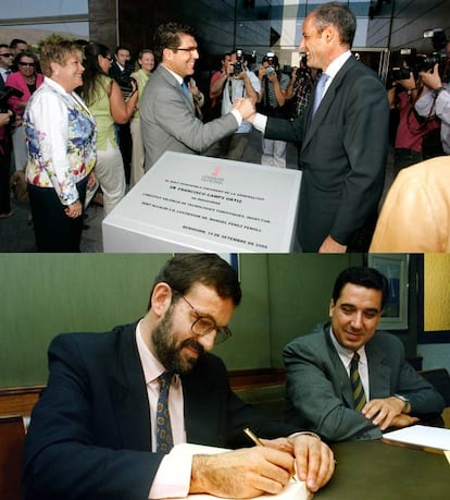 Arriba, Camps y Pérez Fenoll en Invatur ayer. Abajo, Rajoy  firmaba el libro de honor de Benidorm días después de la moción de censura que convirtió en alcalde a Zaplana en 1991.