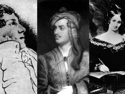 De izquierda a derecha, John Keats (retratado por Charles Brown en 1819), Lord Byron (pintado por Th. Phillips) y Mary Shelley.