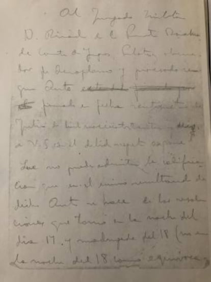 Carta manuscrita al tribunal militar de Ricardo de la Puente.