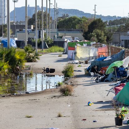 Unas personas sin hogar en un descampado frente a la playa Nova Marbella.