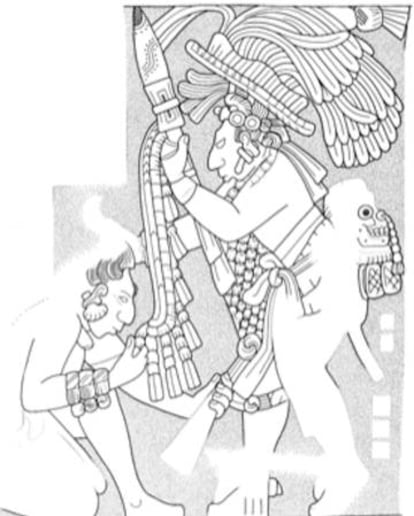 Un grabado de la ciudad maya de Yaxchilán representa al jefe local obligando a un prisionero en actitud de sumisión a besar el escudo de su captor. En la parte baja de la espalda, el rey victorioso lleva un cráneo trofeo.