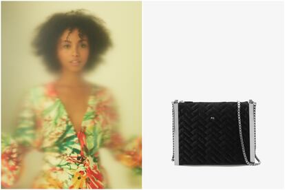 Negro tropical.
Si las flores nos remiten a la primavera, el estampado tropical nos traslada directamente a una postal veraniega con playas paradisíacas. Aunque a estas alturas podemos asegurar que las dos tendencias son atemporales y los accesorios de color negro, su mejor aliado. Un básico que no tiene por qué ser sinónimo de clásico. Para muestra, el bolso Brick, en acolchado de terciopelo. Un acabado preppy que vuelve con fuerza este año.