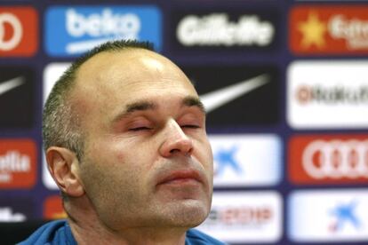 Andrés Iniesta, durante la rueda de prensa que anuncia su marcha del FC Barcelona.