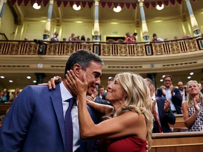 Pedro Sánchez y Yolanda Díaz, en la sesión constitutiva de las Cortes, el jueves.